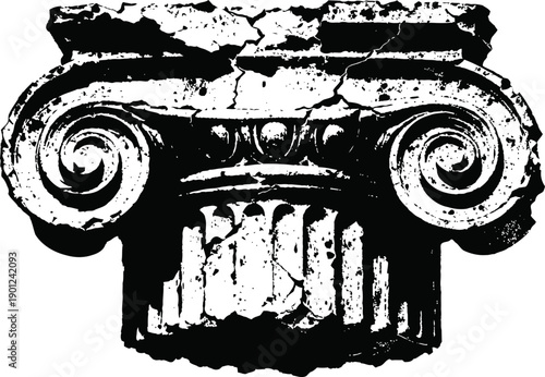Ancient ionic column capital illustration with scroll volutes and cracked stone texture detail