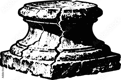 Ancient cracked stone pedestal base with weathered texture and detailed carving