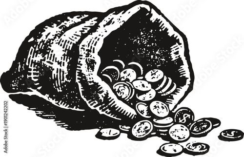 old fashioned money bag spilling coins, vintage treasure sac with scattered currency