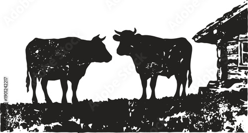 Two black cows facing each other near a rustic wooden house silhouette