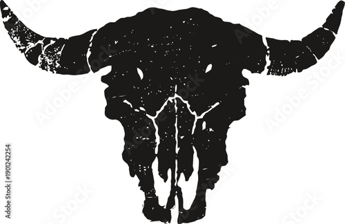 Black distressed buffalo skull with horns silhouette on white background