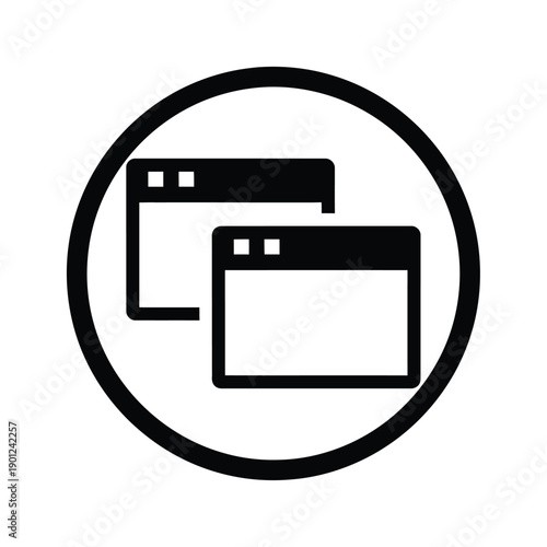 Black and white illustration of two browser windows in a circle