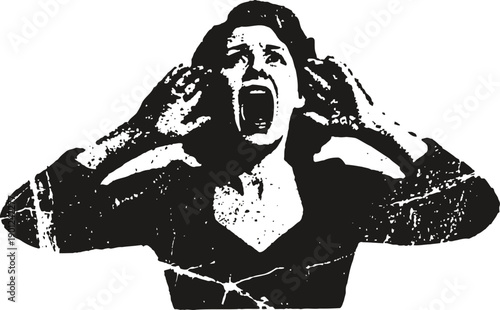 Woman screaming in distress, expressing intense emotion and frustration in black and white grunge