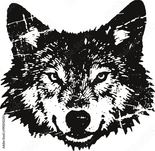 Black and white wolf head illustration with detailed fur texture and intense gaze