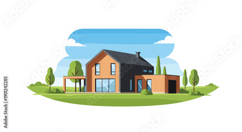 Contemporary Wooden House with Dark Roof and Expansive Glass Windows in a Lush Green Environment