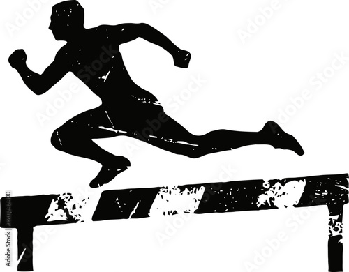 Athlete hurdling over barrier silhouette in dynamic running jump pose