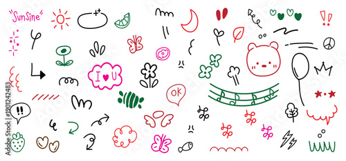 Hand drawn doodle icons set collection vector illustration colorful sketch elements for design creativity education and business concepts