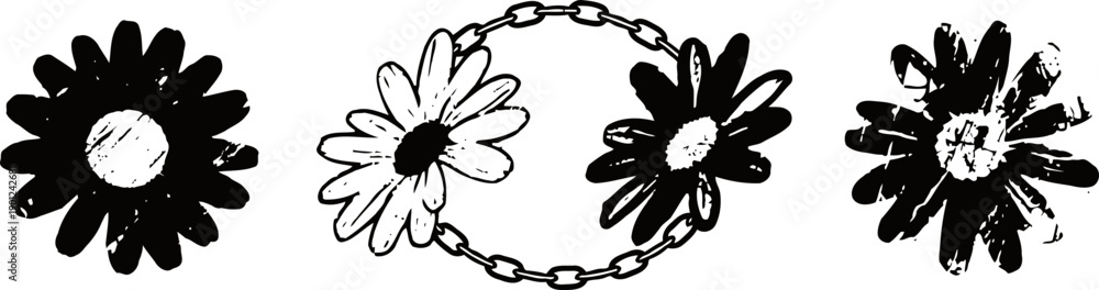 Obraz premium Black and white daisy flowers with chain links, floral abstract design elements, vintage botanical illustrations