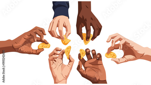 Diverse Multicultural Hands Sharing Snack Chips - Group of People Eating Party Food Together - Unity and Inclusion Vector Illustration