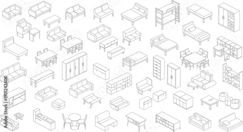 A collection of various architectural drawings and blueprints isolated on transparent background