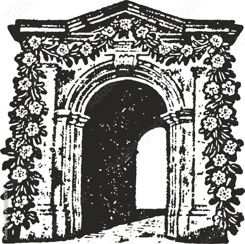 Vintage floral decorated stone archway entrance with classical architectural details and open passage