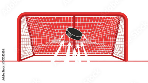 Ice Hockey Puck Scoring Goal: Slapshot Hits the Red Net, Vector Illustration of Sportive Success and Winning Moment.