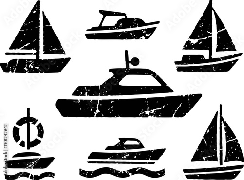 Sailboat and motorboat silhouettes set marine transport icons with distressed texture