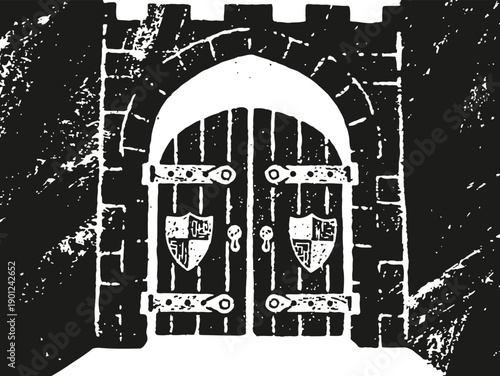 Vintage medieval castle door with archway and heraldic shields, old fortress entrance illustration