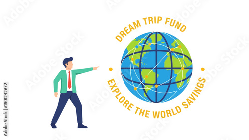 Dream Trip Fund and World Travel Savings Concept. Flat Vector Illustration of Man Pointing at Global Network for Vacation Planning and Money Saving.