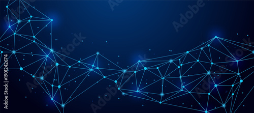 Abstract digital network background with glowing connected nodes and bright lines on a dark blue gradient illustrating data communication, technology flow, and futuristic connectivity.
