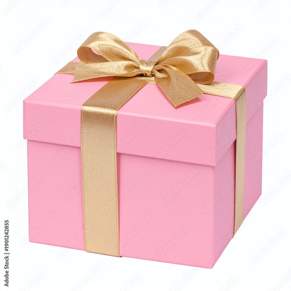 Obraz premium Elegant pink gift box featuring a shimmering gold satin ribbon and bow. Perfect for birthdays, weddings, or anniversaries, this highquality present symbolizes celebration and luxury.