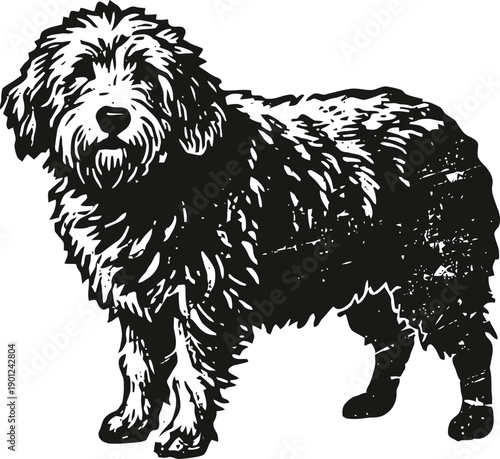 fluffy dog standing in profile hand drawn black and white sketch of a furry canine with textured fur and attentive expression
