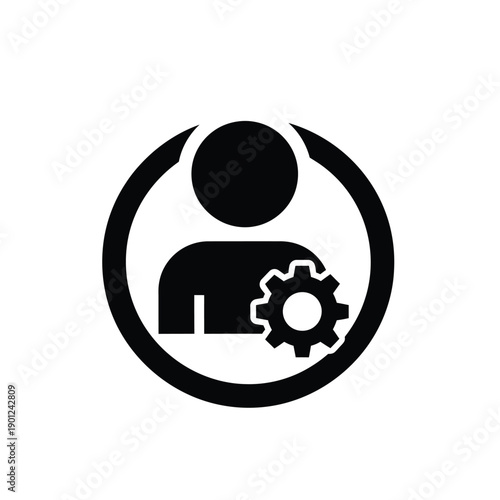 Black silhouette of a person with a gear inside a circle