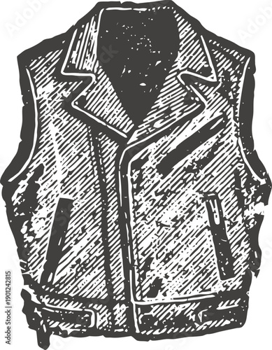 Vintage leather biker vest with collar and zipper pockets, grunge motorcycle jacket illustration