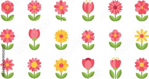 Cute Flower Icon Set with Colorful Spring Blossom Floral Elements in Flat Cartoon Style for Nature Garden and Decoration Designs