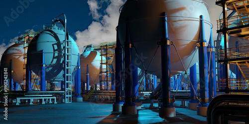 Hydrogen chemical plant, Industrial gas storage. Large spherical and cylindrical tanks designed for safe hydrogen storage, connected by pipelines within a modern chemical processing facility, 