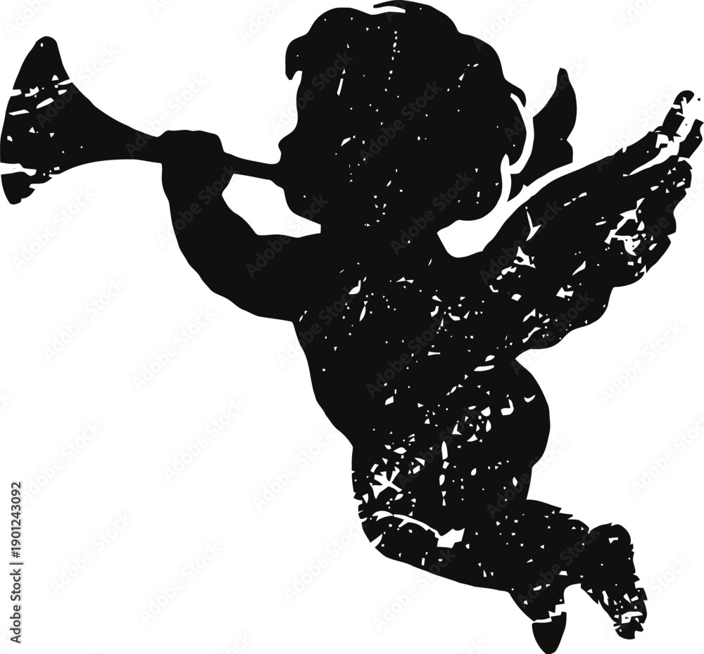 Fototapeta premium Vintage distressed silhouette of flying angel cherub playing trumpet