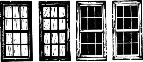 Set of four vintage wooden window frames with divided glass panes in black and white