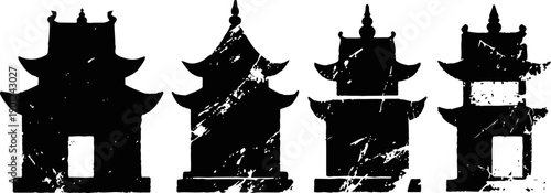 grunge asian pagoda silhouettes set with vintage distressed texture