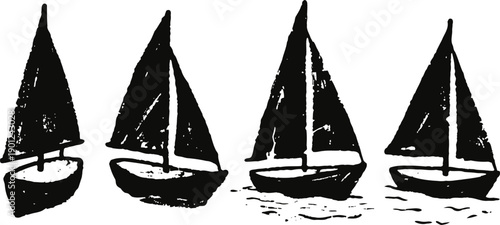 grunge sailboat silhouettes set with various small sailboats on water, nautical sailing theme