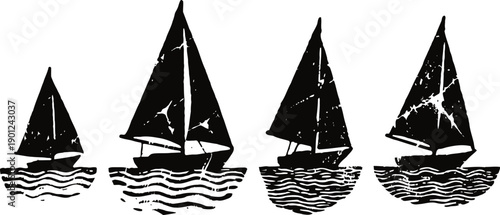 Set of four black sailboat silhouettes with textured sails and wavy water reflections