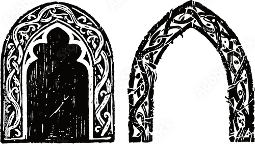 black gothic ornamental arch windows with intricate medieval patterns and curves