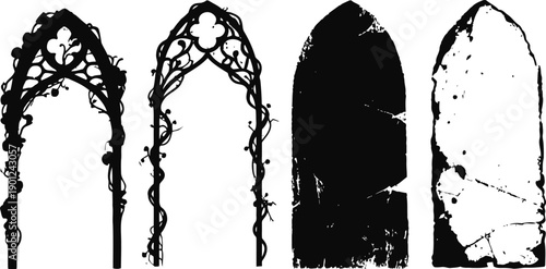 black decorative gothic arches and grunge cracked stone shapes vintage ornamental design elements