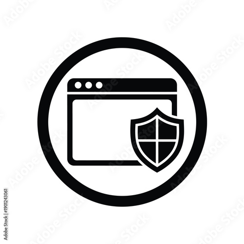 Black and white icon of a browser window with a shield symbol inside a circle on isolated representing security and protection online