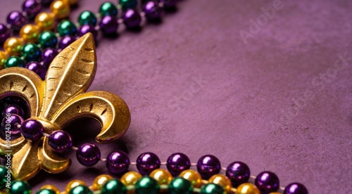 Mardi Gras Beads and Fleur-de-lis Symbol on Purple Background - Festive Celebration