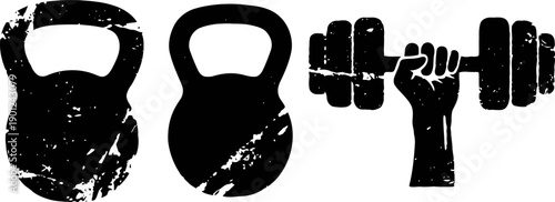 grunge kettlebells and hand holding dumbbell silhouettes for strength training and fitness