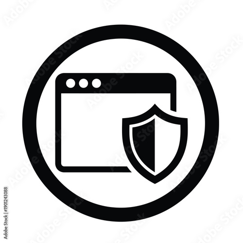 Black and white icon of a browser window with a shield representing cybersecurity and online protection