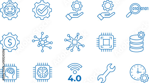 Industry 4.0 Icons Set, Digital Transformation Graphics, Teal Line Art, Smart Manufacturing, AI Automation, Connectivity, Data Analysis