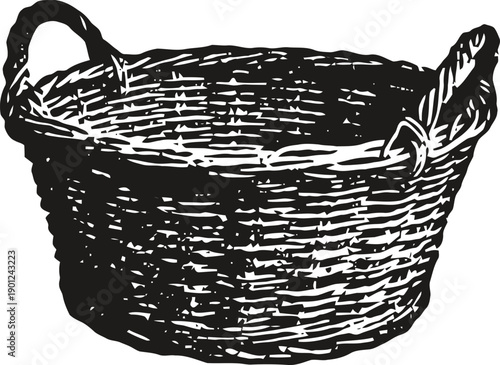 Vintage woven basket with handles for carrying and storage isolated on white background