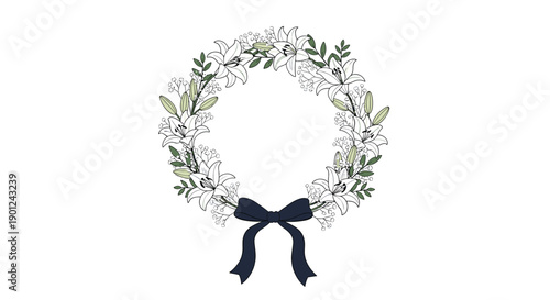 Elegant White Lily Wreath with Lush Green Leaves and a Dark Blue Ribbon Bow for Memorials