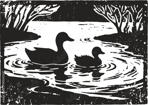 Silhouette of two ducks swimming on a calm pond surrounded by trees and rippling water
