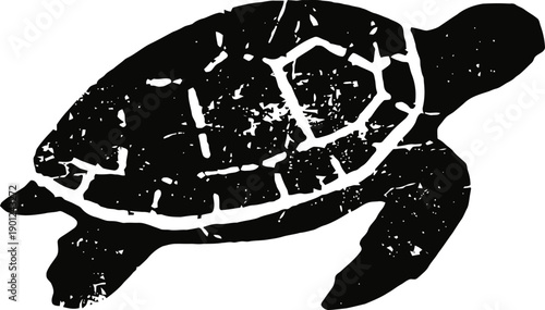 Silhouette of a sea turtle swimming with textured shell and flippers in black and white design