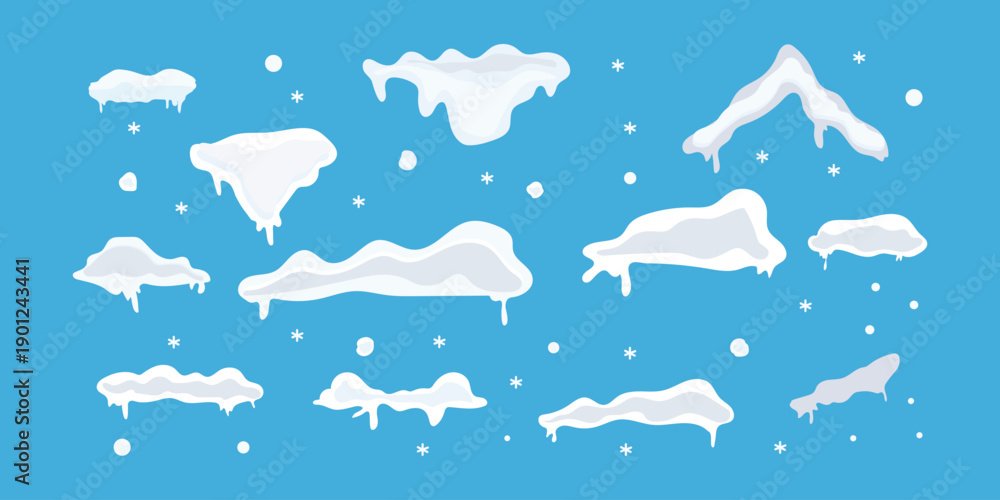 Obraz premium Snow caps set, icicles, snowballs and snowdrifts isolated on white. Snowy piles and snow caps. Vector realistic icons set, mountains or hills summits and peaks. Snowfall and blizzard