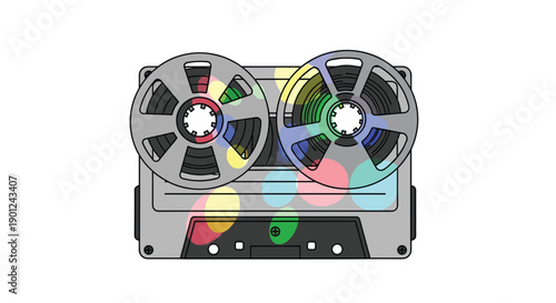 Vintage Reel-to-Reel Audio Tape with Colorful Reflections, Representing Retro Music and Sound