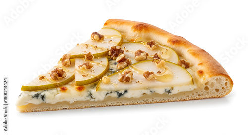 A slice of pear and gorgonzola pizza with walnuts, gourmet sweet and savory pizza, isolated on white background.