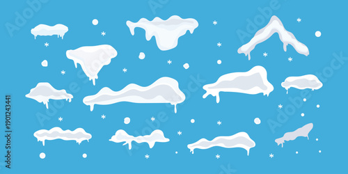 Snow caps set, icicles, snowballs and snowdrifts isolated on white. Snowy piles and snow caps. Vector realistic icons set, mountains or hills summits and peaks. Snowfall and blizzard