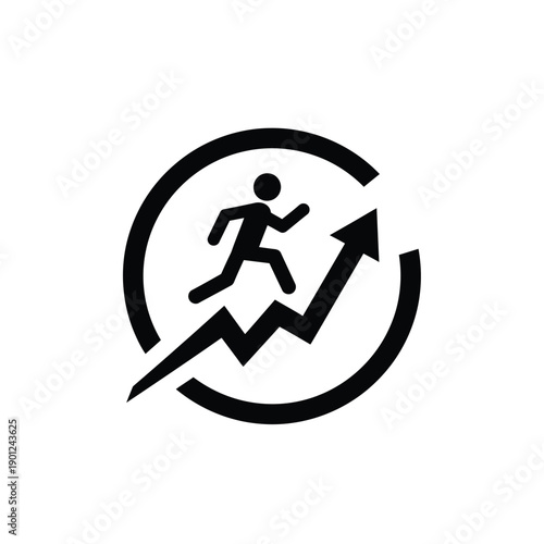 A black icon of a person running up an arrow graph in a circular motion