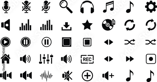Media player and audio control icon set, music sound playback interface symbols vector illustration collection