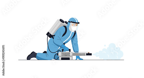 Professional Worker in Blue Hazmat Suit Kneeling, Disinfecting Area with Fogging Machine and Smoke