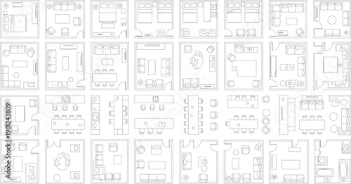 A collection of technical blueprint drawings isolated on transparent background